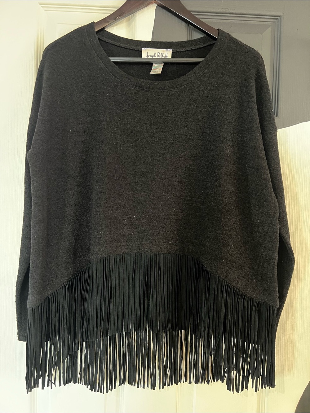 Joseph Ribkoff Black Crewneck Sweater with Fringe Hem